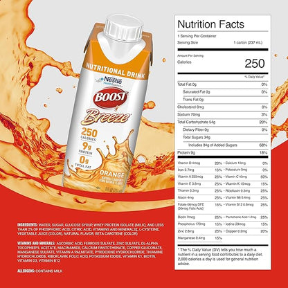 BOOST Breeze Clear Nutritional Drink - 250 Calories - 19 Vitamins & Minerals - 9 g Protein ??Fortified Clear Nutritional Drink with Vitamin A & Zinc - Orange Flavor - 8 fl oz (Pack of 24)