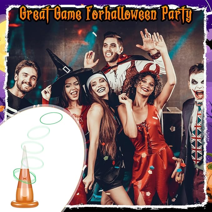 16 Pcs Halloween Inflatable Ring Toss Games Kit Candy Corn Ring Toss Game with Air Pump for Halloween Party Supplies Decor Indoor Outdoor Garden School