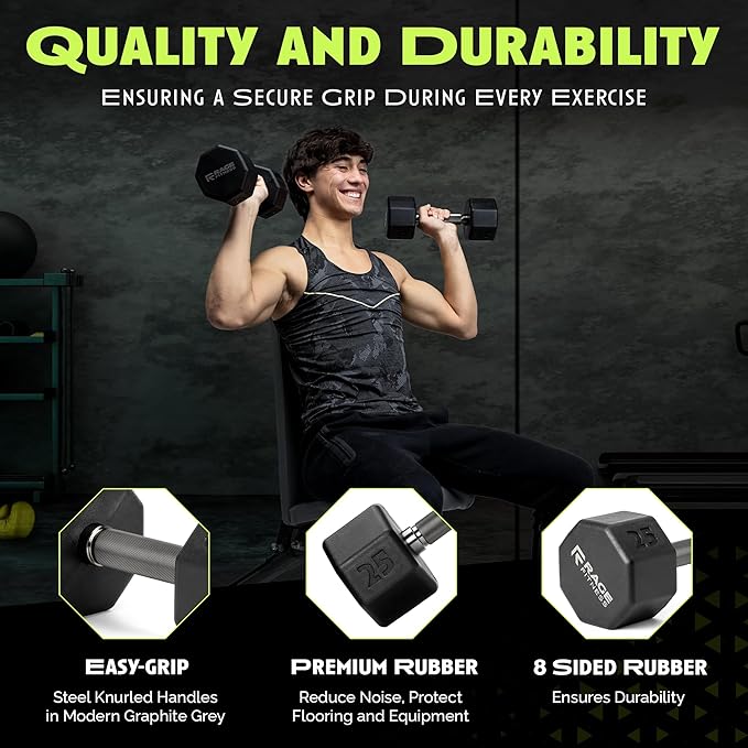 Rubber Coated Dumbbells - No Roll Design Easy-Grip Steel Knurled Handle, Weights Dumbbells Set for Strength Training - Ideal Weights Set for Home Gym - 10-60 LBS SOLD INDIVIDUALLY