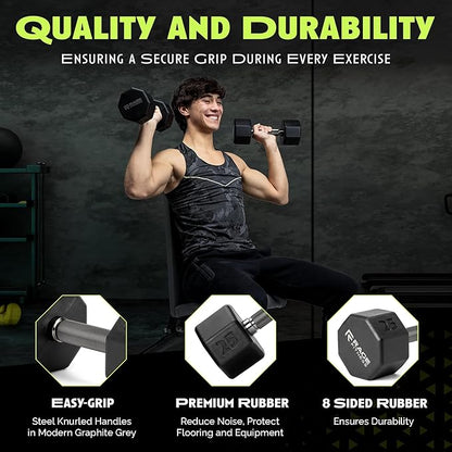 Rubber Coated Dumbbells - No Roll Design Easy-Grip Steel Knurled Handle, Weights Dumbbells Set for Strength Training - Ideal Weights Set for Home Gym - 10-60 LBS SOLD INDIVIDUALLY