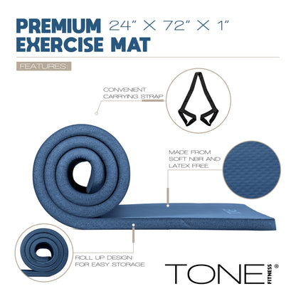Tone Fitness Premium Extra Thick 1-Inch High Density Exercise Mat with Carry Strap – Non-Slip