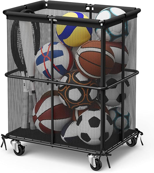 smusei Ball Storage Bin Rolling Sports Ball Storage Cart Garage Sports Equipment Organizer Rack with Wheels Outdoor Basket Ball Cage for Garage, School, Gym, Yoga Room