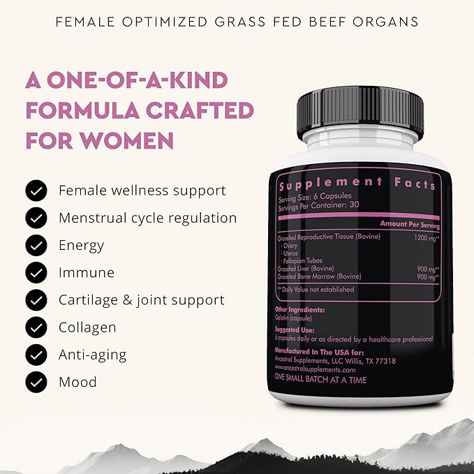 Beef Organ Supplement for Women ??Supports Hormone Balance, Energy & Wellness ??Grass Fed, Pasture Raised Superfood ??Liver, Heart, Kidney, Bone Marrow ??Collagen, CoQ10, B12 ??Female Support Blend