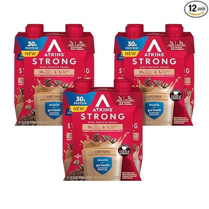 Atkins Strong High Protein Shake, Café Latte, 30g Protein, 7g Prebiotic Fiber, Muscle & Gut Health Support Complex, 12 Count
