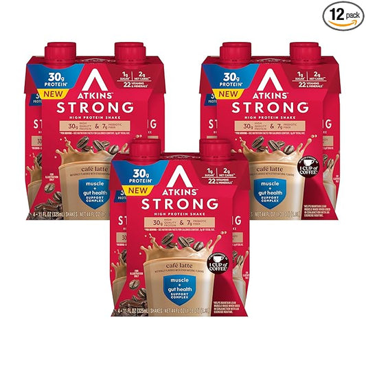 Atkins Strong High Protein Shake, Café Latte, 30g Protein, 7g Prebiotic Fiber, Muscle & Gut Health
