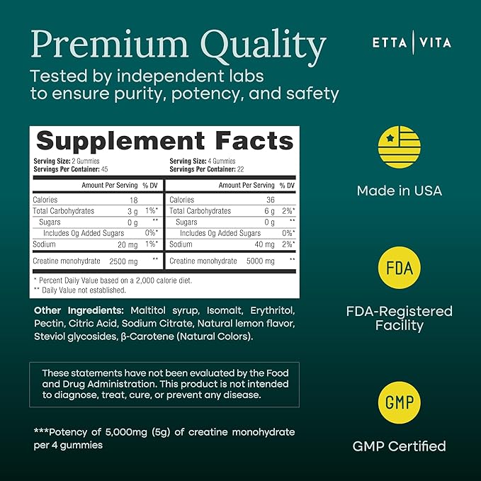 Sugar-Free Creatine Monohydrate Gummies 5gram per Serving, Potent Creatine Gummies for Men & Women, Supplement for Muscle Support, Cellular Energy & Cognitive Function, Gluten-Free