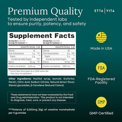 Sugar-Free Creatine Monohydrate Gummies 5gram per Serving, Potent Creatine Gummies for Men & Women, Supplement for Muscle Support, Cellular Energy & Cognitive Function, Gluten-Free