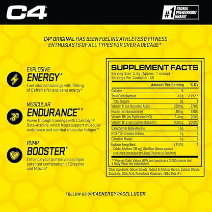 Cellucor C4 Original Pre Workout Powder Frozen Bombsicle Sugar Free Preworkout Energy for Men & Women 150mg Caffeine + Beta Alanine + Creatine - 30 Servings (Packaging May Vary)