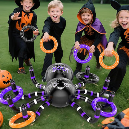 Halloween Ring Toss Games, 14PCS Inflatable Spider with Air Pump 12 Toss Rings for Halloween Party Games Super Fun Game Activities for Kids Adults Indoor Outdoor