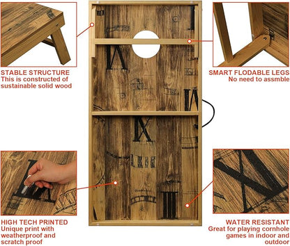 UKASE Solid Wood Regulation Size Cornhole Set Portable Bean Bags Toss Game with Durable Wood Grain Printed Surface and Underneath for Indoor and Outdoor