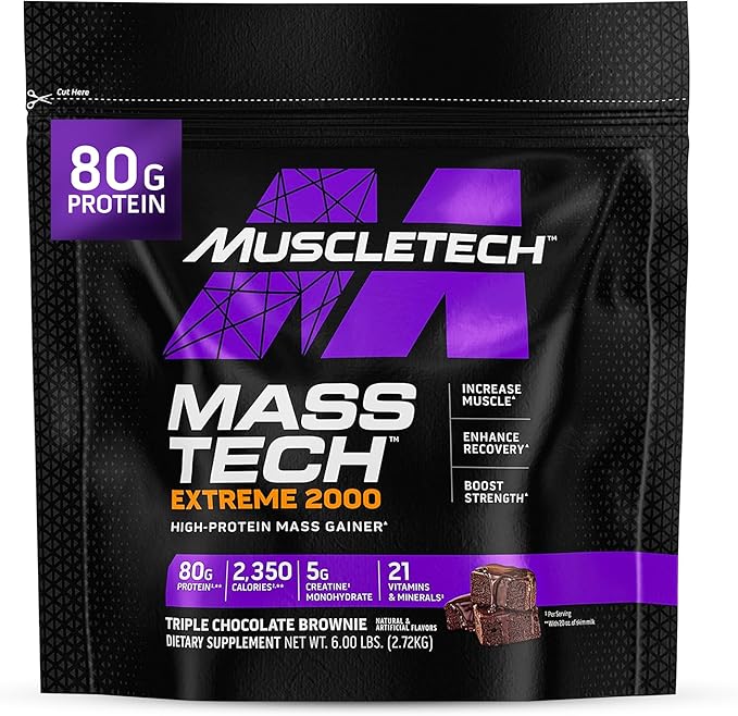 Muscletech High-Protein Mass Gainer (Triple Chocolate Brownie, 6LB) - Mass Tech Extreme 2000 Mass Gainer Protein Powder Supplement - Weight Gainer for Increase Muscle, Enhanced Recovery & Strength