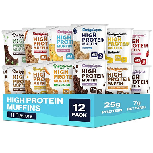 Bootylicious | High-Protein Muffin | 25g Protein, 7g Net Carbs, 2.32-2.75oz Cup, 12-Pack (Variety
