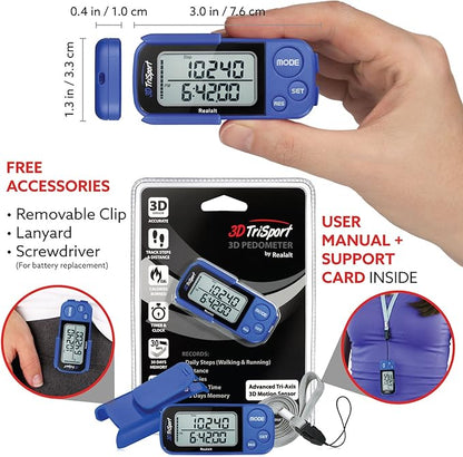 3DTriSport Walking 3D Pedometer with Clip & Strap, eBook Included | 30 Days Memory, Accurate Step Counter, Walking Distance Miles/Km, Calorie Counter, Daily Exercise Time Monitor