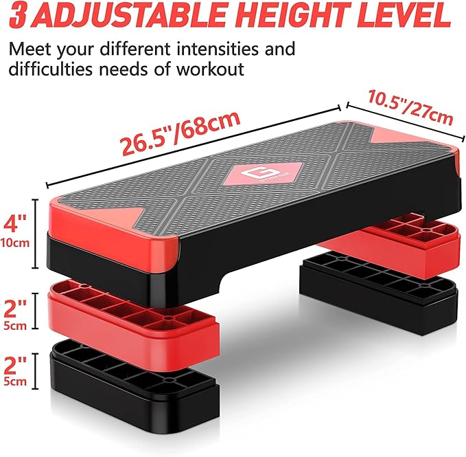 Aerobic Exercise Step, Adjustable Aerobic Stepper for Exercise, Workout Step Platform for Step Up, 26.5" Step Deck with 4??6??8??Adjustable Height Risers, Women Home Gym Cardio Fitness