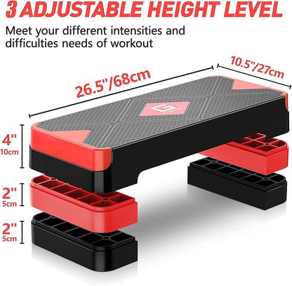 Aerobic Exercise Step, Adjustable Aerobic Stepper for Exercise, Workout Step Platform for Step Up, 26.5" Step Deck with 4??6??8??Adjustable Height Risers, Women Home Gym Cardio Fitness