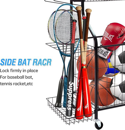 Sport euipment Storage, Garage Sports Equipment Organizer, Ball Storage Rack for Sport Gear, Rolling Sports Ball Storage Cart with Wheels, Indoor/Outdoor