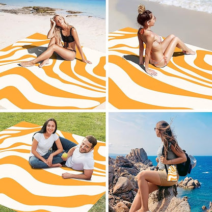 110''×118'' Extra Large Waterproof Sandproof Beach Blanket 8 Adults, Sand Free Outdoor Beach Mat with 4 Stakes & Pockets, Big Compact Picnic Blanket, Essential for Travel, Camping, Summer Vocation