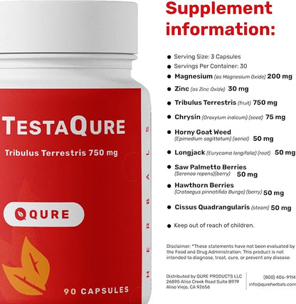 TestaQure Testosterone Supplement for Men - Testosterone Booster Increases Male Potency & Muscle Mass - Stamina, Endurance, Energy & Mood Enhancer - 90 Capsules Vegan & Soy-Free
