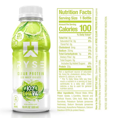 RYSE Clear Protein Shake - Key Lime Pie - 100 Calories, 22g Whey Isolate Protein, Sugar-Free, 0g Fat & Lactose-Free - Refreshing Ready-to-Drink Beverage - 16.9 fl oz Bottles (12-Pack)