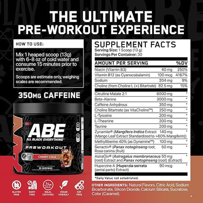 All Black Everything Pre Workout Powder | 30 Servings | Cherry Cola | 350mg Caffeine | Nootropic Pre-Workout Blend | Beta Alanine + Citrulline | Energy Supplement for Men and Women