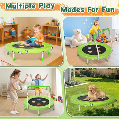 3FT Toddler Trampoline with Adjustable Handlebar, 36" Foldable & Spring-Free, Mini Kids Indoor Outdoor Trampoline for Ages 1-6, Noiseless Jumping Mat, Safe & Sturdy Design, Supports Up to 100 lbs