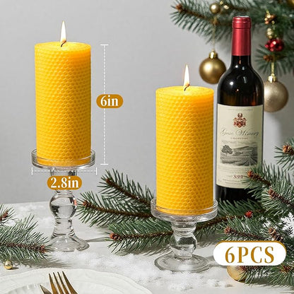 6 Pack Natural Beeswax Pillar Candles,2.8x6in Handmade Beeswax Rolled Candles,258 Hours Long Burning Honeycomb Bees Wax Candle for Gift & Home Decor,Dripless Smokeless Unscented