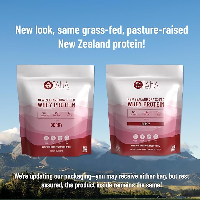 Taha Health & Nutrition Berry Flavored Whey Protein Concentrate Powder, 25g Protein, 140 Calories, 2g Sugar | New Zealand Grass-Fed, Free-Range Dairy | Gluten and Soy Free, Keto, Kosher | 2LB