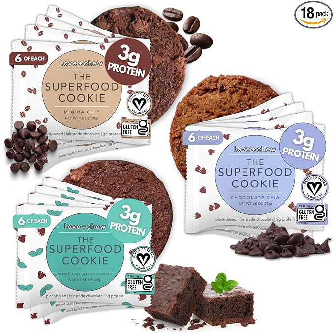 Love + Chew Soft Baked Protein Cookies, Gluten Free | (18) Count Chocolate Lover Minis Variety Pack | Vegan, Paleo, Non GMO and Packed with Superfoods. - Individually Wrapped, and Made from High Protein Almonds