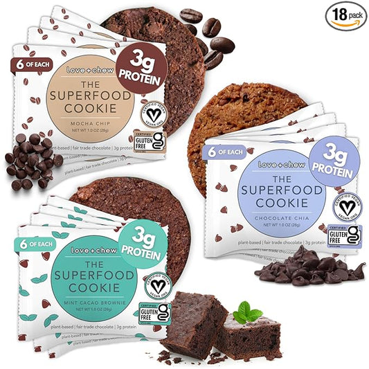 Love + Chew Soft Baked Protein Cookies, Gluten Free | (18) Count Chocolate Lover Minis Variety Pack | Vegan, Paleo, Non GMO and Packed with Superfoods. - Individually Wrapped, and Made from High Protein Almonds