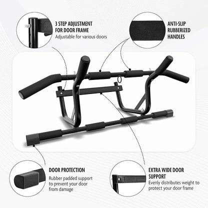 DMoose Fitness Pull Up Bar for Doorway - Upto 250 Lbs Capacity, No Screwing or Slipping, Hanging Pullup & Chin Up Bar for Door Frame - Multi Padded Grips for Strength Training with Installation Guide