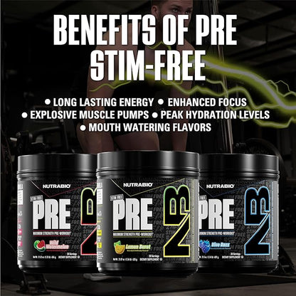 NutraBio STIM-Free PRE Workout for Men, New Formula | Laser Focus, Extreme Pumps | Performance, Endurance | 10g Citrulline, Beta Alanine, Nitrates, Nootropics, Electrolytes - 20 Servings Lemon Burst