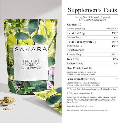 SAKARA Protein + Greens Super Powder ??30 Servings, Organic Plant-Based Blend with Hemp, Pumpkin, Pea Protein, Wheatgrass & Spirulina, Vegan Superfood Drink Mix