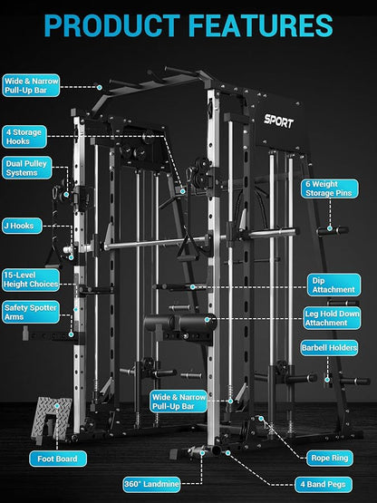 Smith Machine, Power Cage Squat Rack with Cable Crossover, Dual Pulley System, Pull-Up Bar, Home Gym Workout Equipment with Attachments for Strength Training and Weightlifting