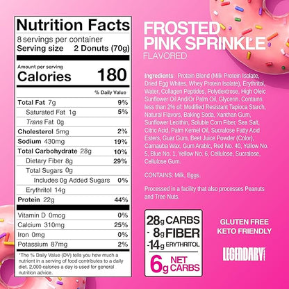 Legendary Foods 22gr Protein Donuts - Frosted Pink Sprinkle 8x (2 Donuts per Pack), High Protein, Zero Sugar, Gluten Free, Low Carb, Keto Friendly Snack, Healthy Donut GLP-1, Diabetic, Bariatric Diets