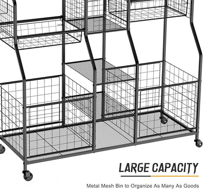 Garage Sports Equipment Organizer - Ball Storage Rack with Elastic Rope or Wire Mesh,Garage Organizer System with Wheels,Indoor/Outdoor Sports Rack for Sports Gear and Toys Storage,Black