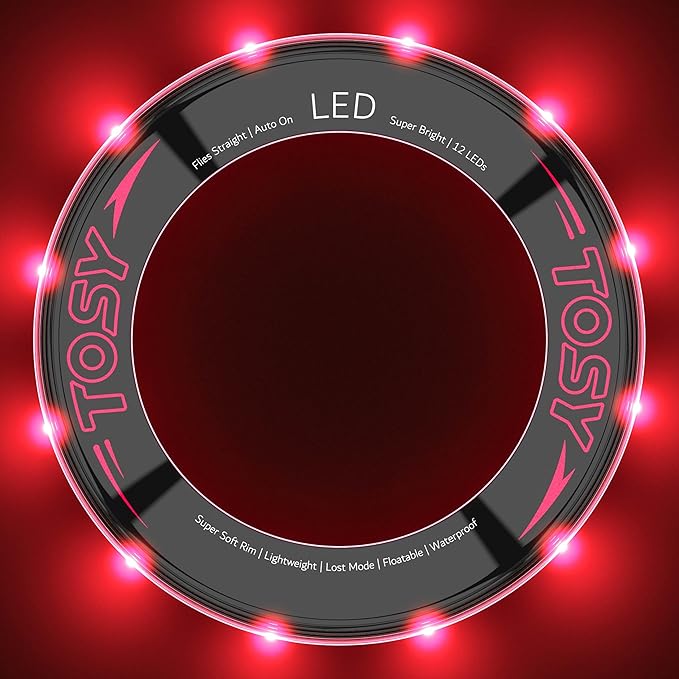 TOSY Flying Ring - 12 LEDs, Super Bright, Lost Mode, Auto Light Up, Camping Essentials for Kids/Teens/Boy/Girl, Safe & Soft, Waterproof, Pool/Beach Games, Lightweight Toy (Red)