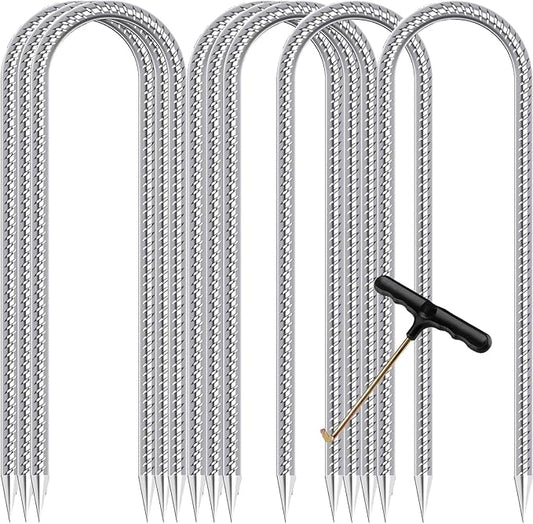 Trampoline Stakes Anchors High Wind Heavy Duty 12inch Trampoline Anchor Kit U Type Sharp Ends Safety Ground Anchor Galvanized Steel for Soccer Goals, Camping Tents (8Pcs, Silver)