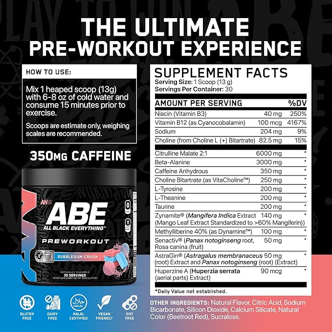 All Black Everything Pre Workout Powder | 30 Servings | Bubblegum Crush | 350mg Caffeine | Nootropic Pre-Workout Blend | Beta Alanine + Citrulline | Energy Supplement for Men and Women