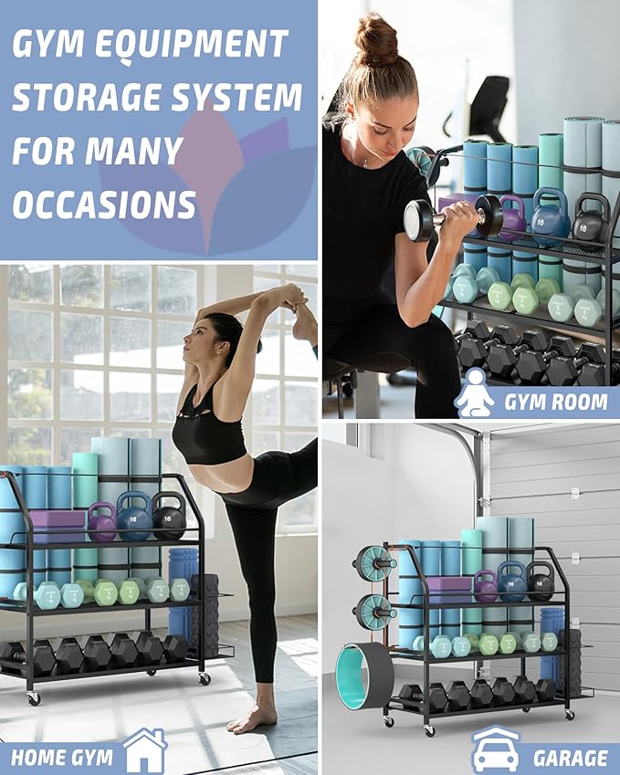 Weight Rack for Dumbbells - Home Gym Storage Rack - Dumbbell and Weight Organizer with 4 Flexible Wheels and Unique Storage on Both Sides