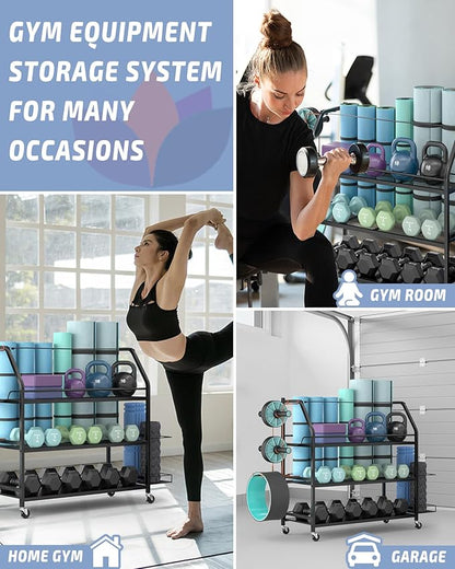 Weight Rack for Dumbbells - Home Gym Storage Rack - Dumbbell and Weight Organizer with 4 Flexible Wheels and Unique Storage on Both Sides