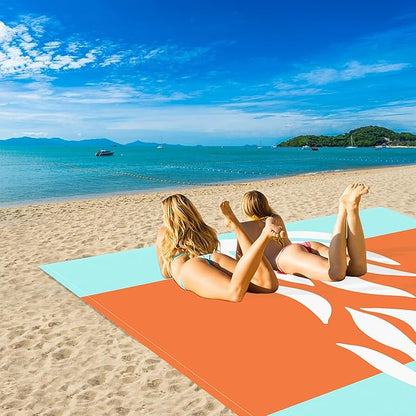 Beach Blanket Waterproof Sandproof Oversized, 9 Ft X 10 Ft Extra Large Sand Free Beach Mat with 4 Stakes, Compact Outdoor Essentials with Storage Bag for Beach, Picnic, Camping, Travel