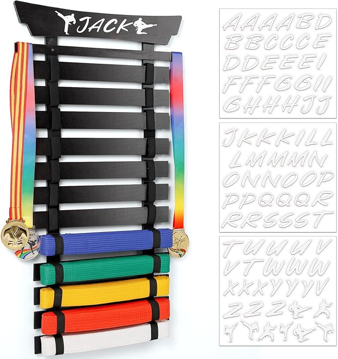 12 Belts Karate Belt Display Rack with Stickers, Martial Arts Belt Display Holder, Taekwondo Belt Jiu Jitsu Belt BJJ Belt Display Hanging Holder for Adults