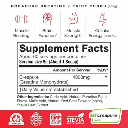 Muscle Feast Creapure Creatine Monohydrate Powder, Vegan Keto Friendly Gluten-Free Easy to Mix, Muscle Recovery Supplement, Creatine for Muscle Growth, Flavored Creatine, Natural Fruit Punch 300g