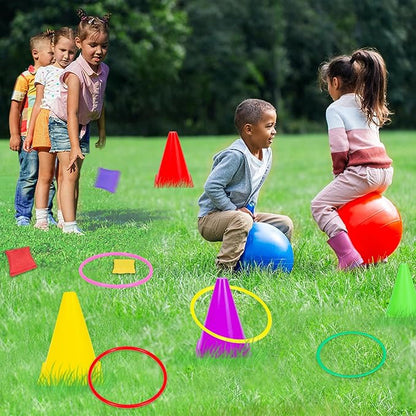 35PCS 4 in 1 Carnival Outdoor Games Combo Set for Kids, Soft Plastic Cones Bean Bags Ring Toss Game, Activity Agility Set with 2 PCS 18" Hopper Balls, Birthday Party Yard Lawn Games