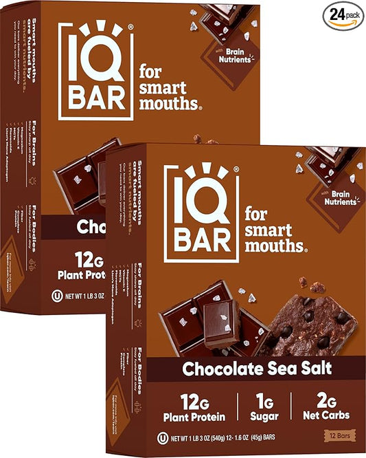 IQBAR Brain and Body Plant Protein Bars - Chocolate Sea Salt - 24-Count Low Carb - Gluten Free
