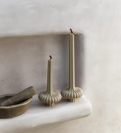 LAWA Set of 2 Pumpkin Base Candle - Beautiful Handmade Pillar Unscented Soy Wax Elegant Aesthetic Vase Candle Housewarming Gift Home Room Shelf Decor Idea Olive Beige