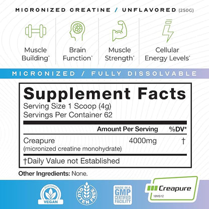Muscle Feast Creapure - Micronized Creatine Monohydrate Powder | Premium Pre-Workout or Post-Workout | Creatine for Women & Men | Easy to Mix, Vegan, Gluten-Free, Safe and Pure (Unflavored, 250g)