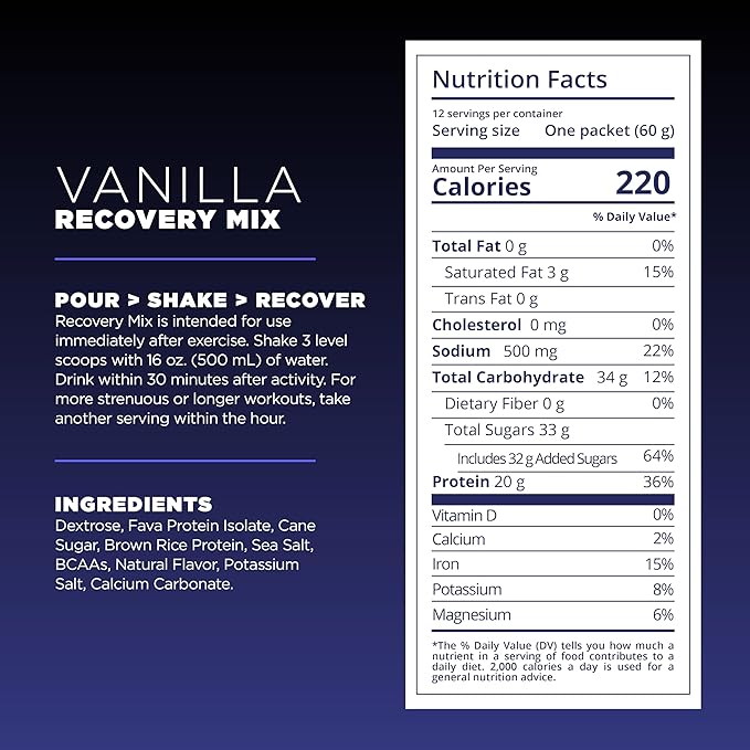 Tailwind Nutrition Recovery Mix, 20 Grams Complete Protein, Carbohydrates, and Electrolytes Powder Drink Mix for Post-Workout, Free of Gluten, Soy, and Dairy, Vegan, 12 Servings, Vanilla