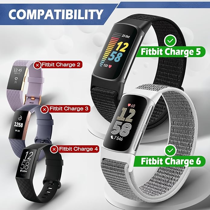 Sport Loop Nylon Watch Bands Compatible with Fitbit Charge 6/5, Adjustable Breathable Replacement Soft Nylon Loop Wristband for Women/Men