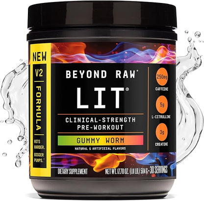 BEYOND RAW LIT V2 Clinical Strength Pre Workout Powder, Hits Harder, Bigger Pumps, Caffeine, L-Citrulline, Creatine, Gummy Worm, 30 Servings